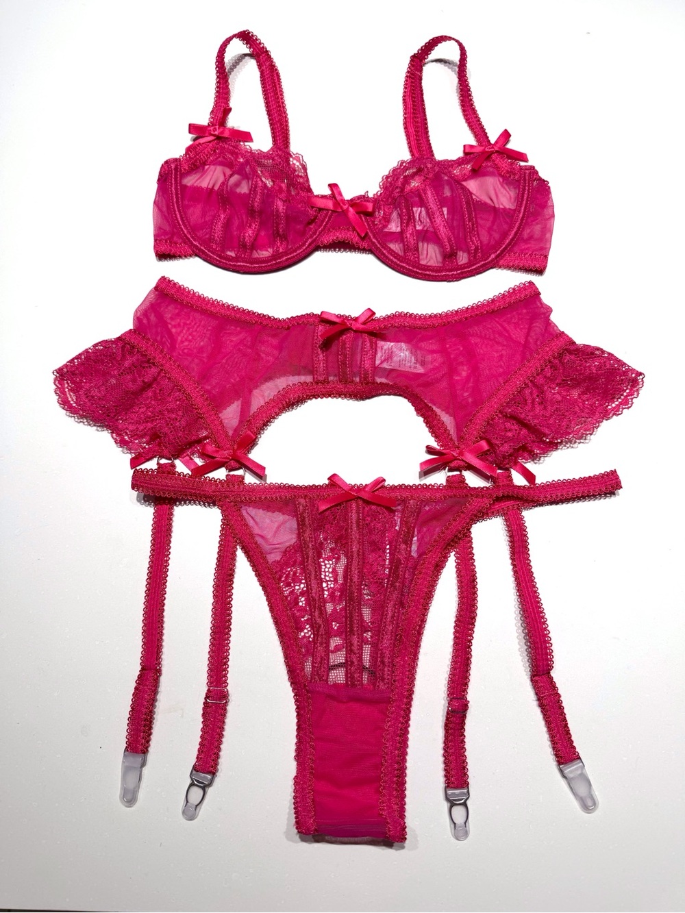 Hot Pink Sheer Lace 3-Piece Garter Set
